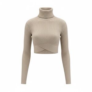 Cropped Ribbed Turtleneck Sweater - Light Gray